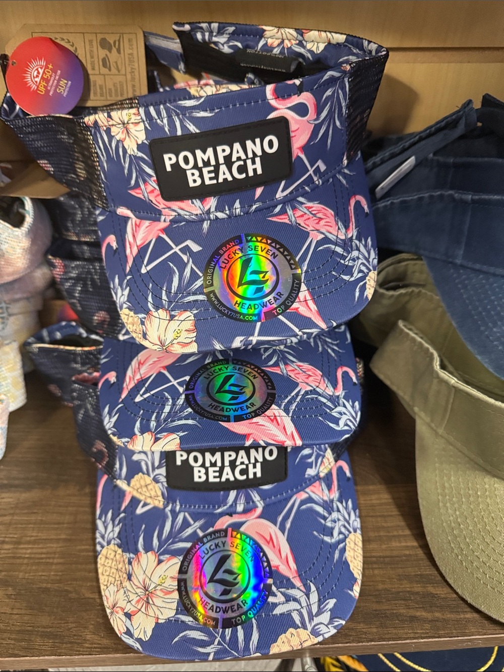 POMPANO BEACH Floral Visor - Navy with Pink Flamingos